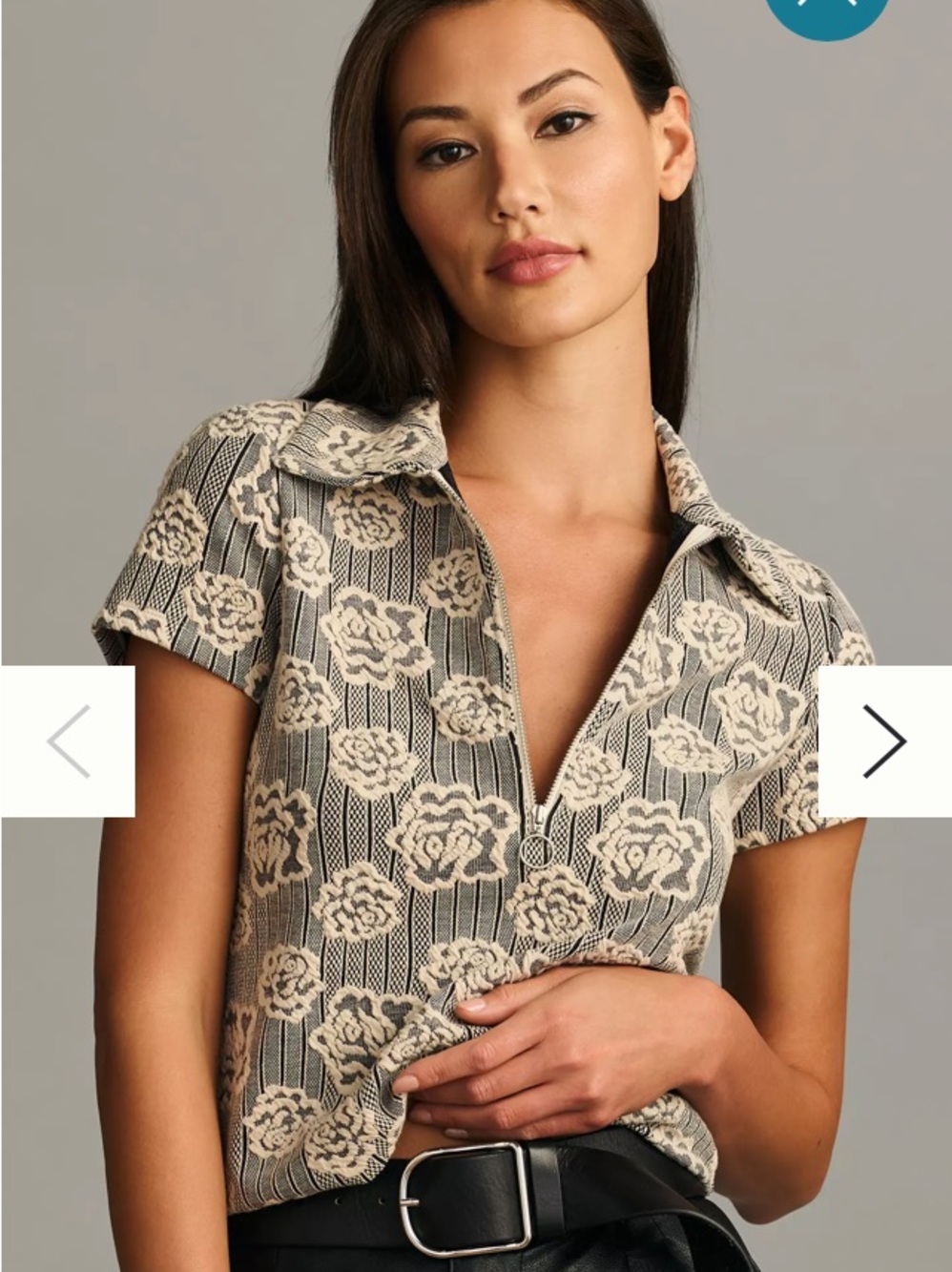 Anthropologie size XXS short sleeve jacquard zip up floral top EUC